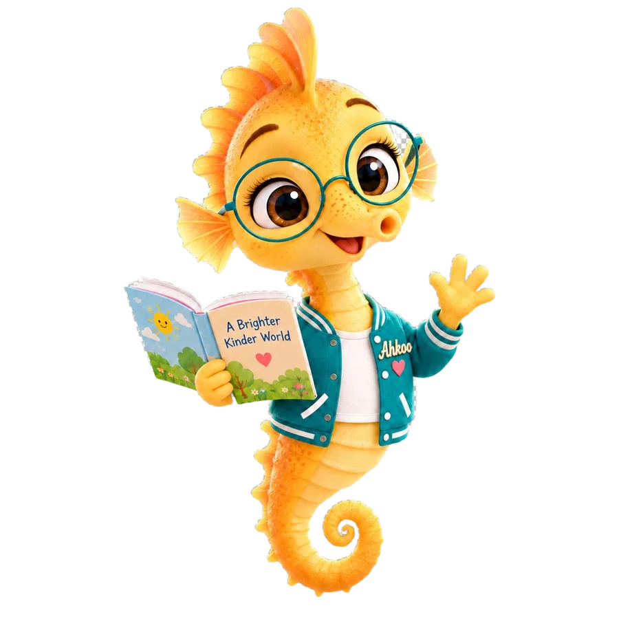 Ahkoo is a female yellow seahorse. She wears round teal glasses and a teal jacket, and holds a picture book.